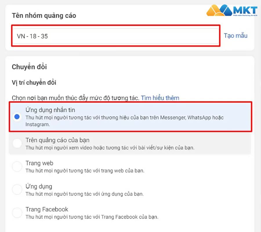 Chọn vị trí chuyển đổi Ứng dụng tin nhắn