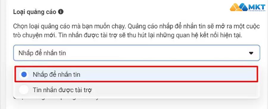 Chọn loại quảng cáo Nhấp để nhắn tin