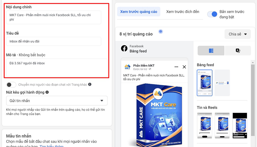 Thiết lập văn bản quảng cáo