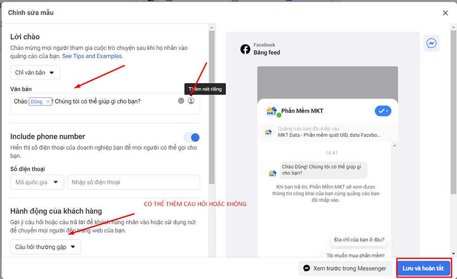 Bạn có thể tùy chỉnh hoặc xóa phần nội dung hiển thị trong ô Messenger