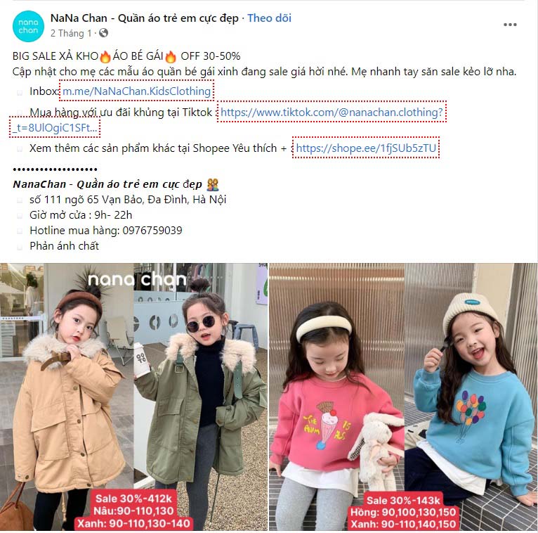 Mẫu content quần áo trẻ em cung cấp các chương trình khuyến mãi 