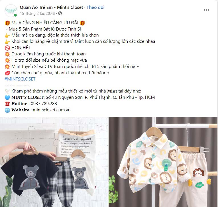 Mẫu content quần áo trẻ em cung cấp các chương trình khuyến mãi 1