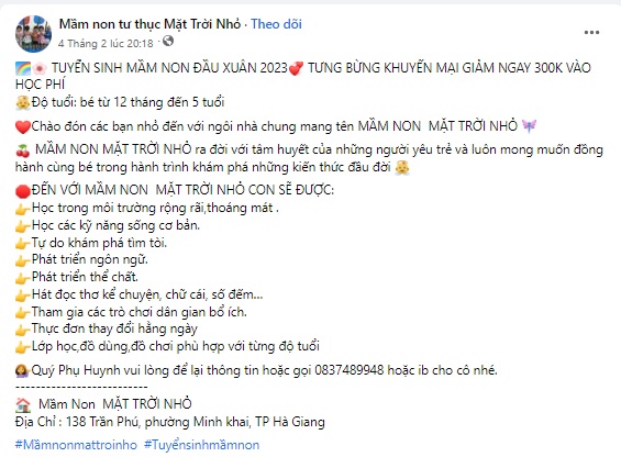 Mẫu content tuyển sinh mầm non mẫu 1