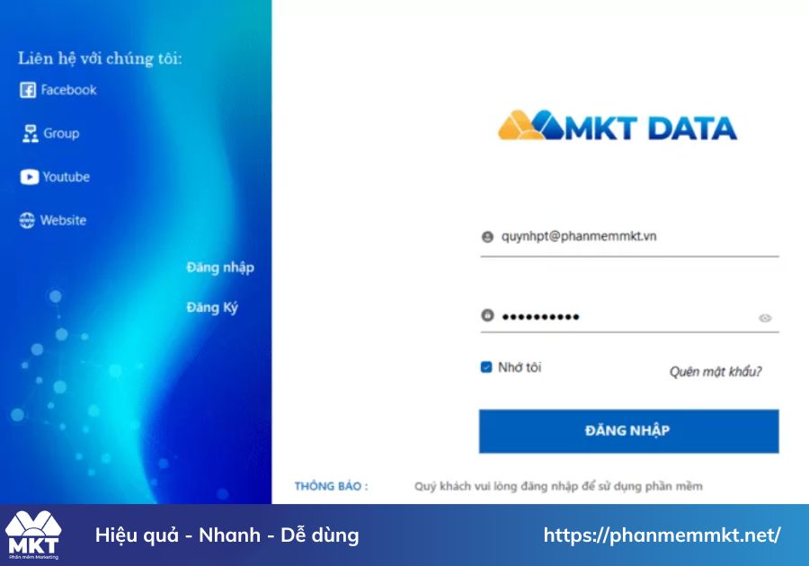 Đăng nhập phần mềm MKT Data
