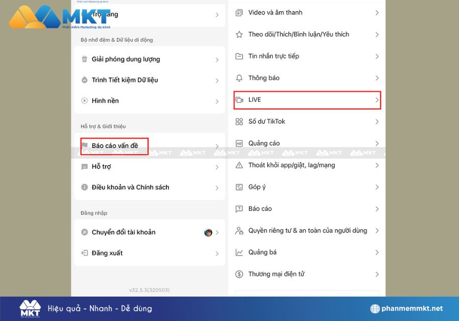 Chọn vào Báo cáo vấn đề => chọn Live.